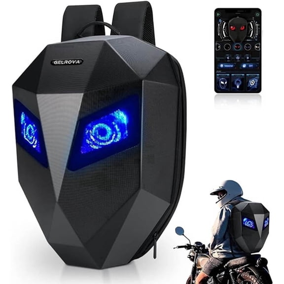 Gelrova LED Motorcycle Backpack, 19-inch Large Black Hard Shell with Water-Resistant Coating, Diy Display Backpack for Adults
