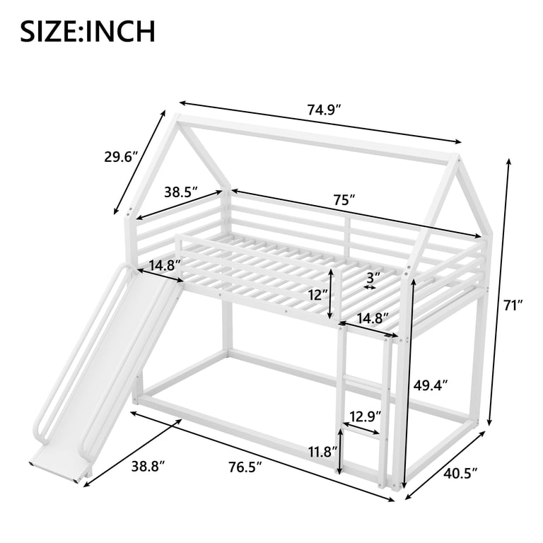 Euroco Twin Over Twin House Bunk Bed with Slide, White photo 3