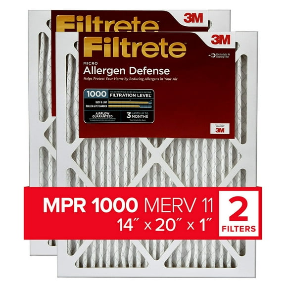 Filtrete 14x20x1 AC Furnace Air Filter, MERV 11, MPR 1000, Micro Allergen Defense, 3-Month Pleated 1-Inch Electrostatic Air Cleaning Filter, 2 Pack (Actual Size 13.781 x