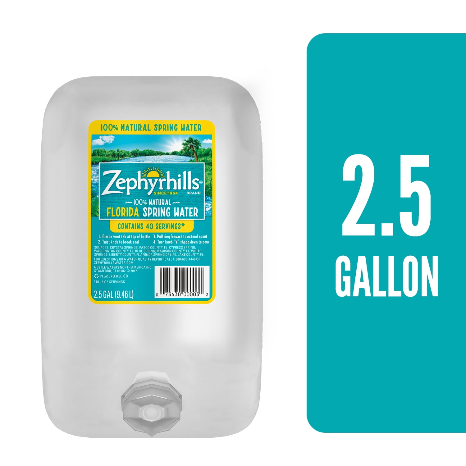 ZEPHYRHILLS Brand 100 Natural Spring Water, 2.5gallon plastic bottle