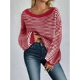 thumbnail image 2 of Women'S 2025 Fall Long Sleeve Casual Loose Striped Off Shoulder Casual Oversized Knitted Sweater Pullovers Red S, 2 of 5