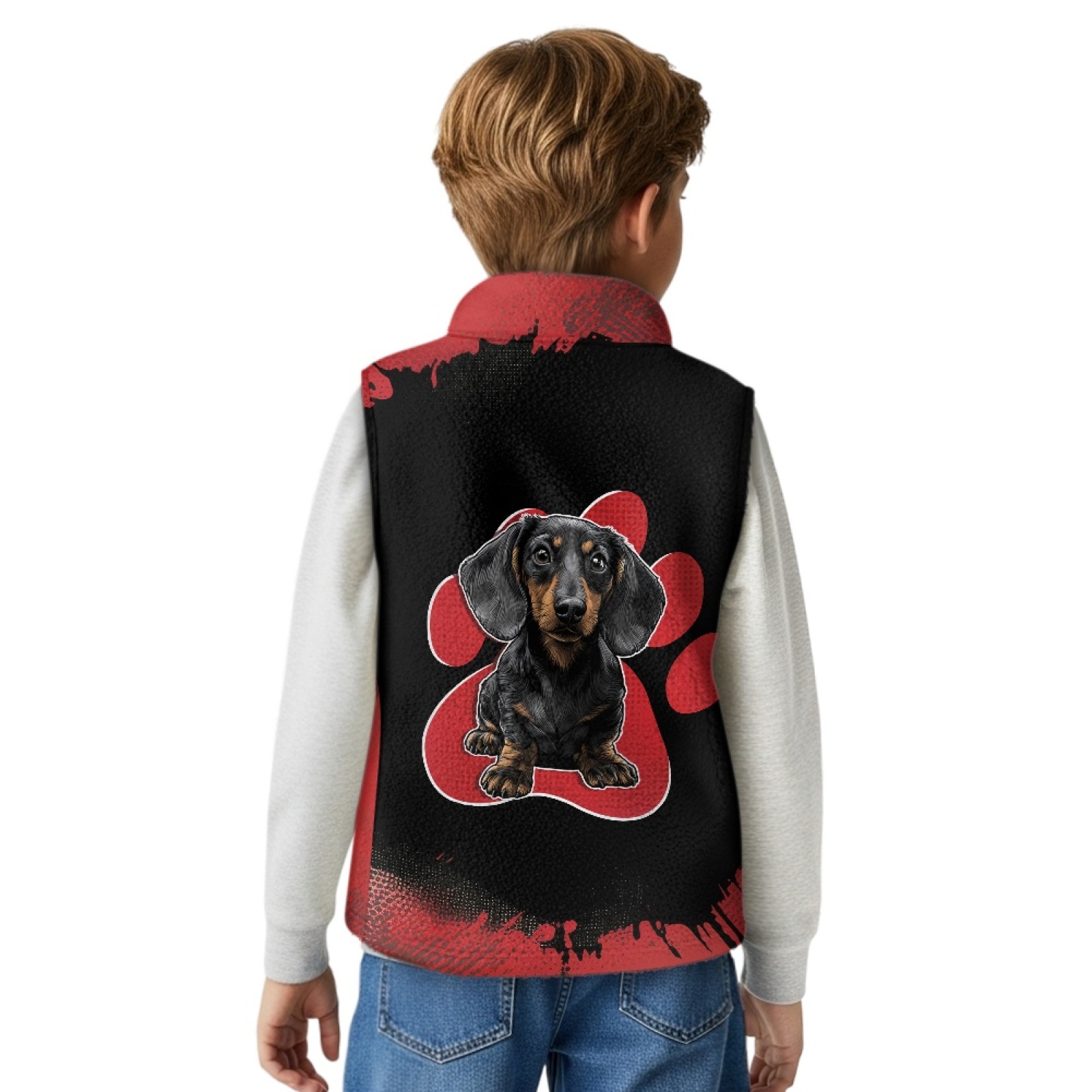Xoenoiee Dachshund Paw Print Vest Zip Up Jacket Sleeveless Stand Collar with Pockets Toddler Boys Fleece Vest Fall Winter Warm Outerwear, Size 11-12 Years
