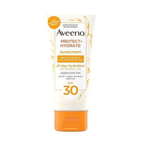 Aveeno Protect   Hydrate Moisturizing Body Sunscreen Lotion with Broad Spectrum SPF 60 & Prebiotic Oat, Weightless & Refreshing Feel, Paraben-Free, Oil-Free, Oxybenzone-Free, 3.0 fl. Oz