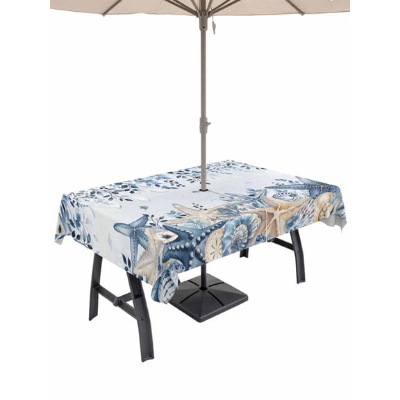 Outdoor Tablecloth with Umbrella Hole for Patio/Picnic/Party/Camping, Blue Coastal Starfish Waterproof Table Cloth Rectangle Table Cover Washable, Beach Nautical Shell Eucalyptus Ocean (60"x 102")