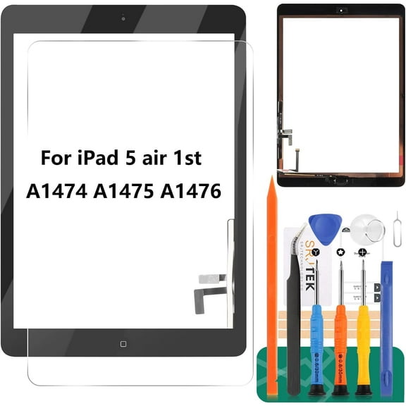 Screen Replacement For iPad 5 air 1st Gen A1474 A1475 A1476 Screen Replacement Touch Digitizer Glass Sensor Assembly - Home Button Camera Holder Pre Installed Adhesive Stickers Black