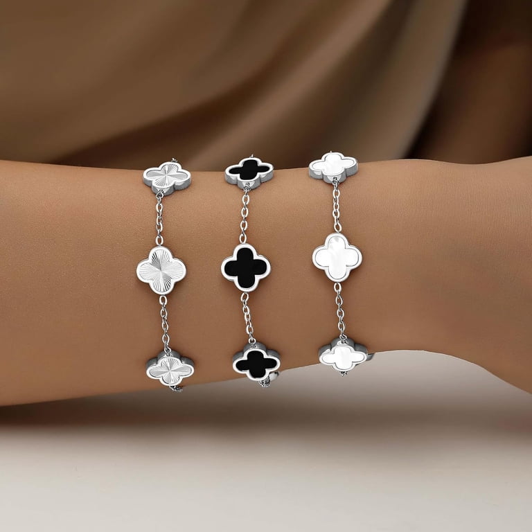 18K Gold Plated Clover Bracelet Set for Women White/Black/Gold