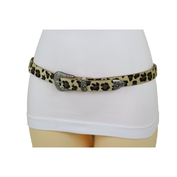 Women Leopard Faux Leather Skinny Belt Silver Western Buckle M L