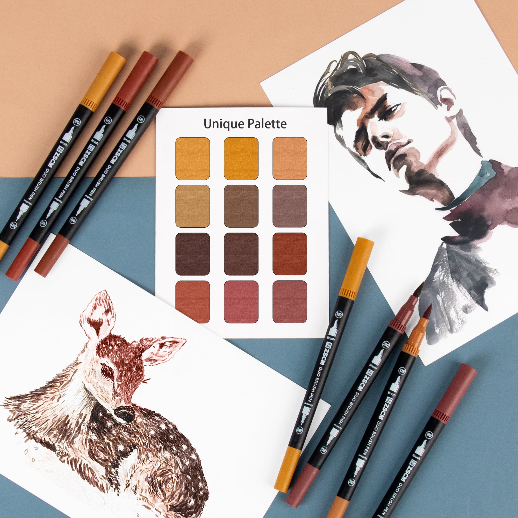 Brown Duo Tip Marker, 12 Pack Fine & Brush Markers for Adult Coloring Books No Bleeding, Brown Markers for Wood Texture, Animal Fur, Vintage Effects
