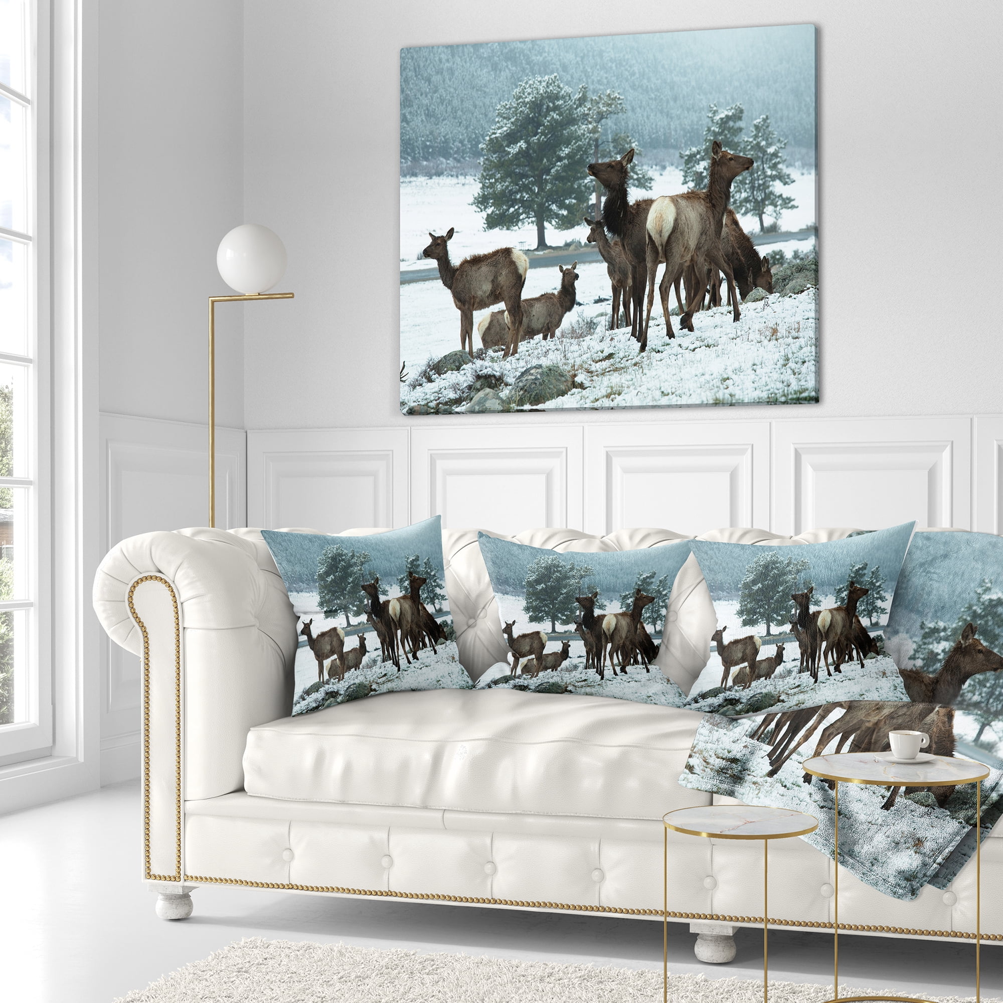 Designart Gang of Deer in Rocky Mountains - Landscape Printed Throw Pillow - 18x18