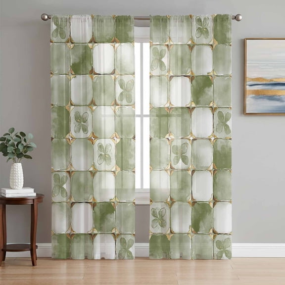 Sage Green Geometric Semi Sheer Window Curtains 84 Inches Long, Modern Abstract Art Botanical Rod Pocket Voile Silky Chiffon Curtain Light Filtering Drapes for Living Room, Kitchen, 52"x84", 2 Panels
