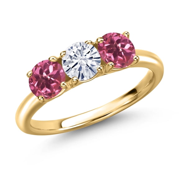 Gem Stone King 18K Yellow Gold Plated Silver White Moissanite and Pink Tourmaline Engagement Ring for Women | 1.54 Cttw | Round 5MM | Gemstone Birthstone | Size 9