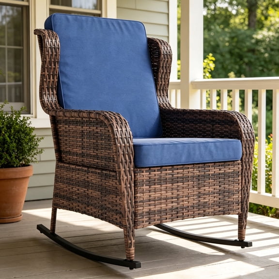 GIMMYFIVE Outdoor Resin Wicker Rocking Chair with Cushions, All-Weather Patio Rocker for Porch