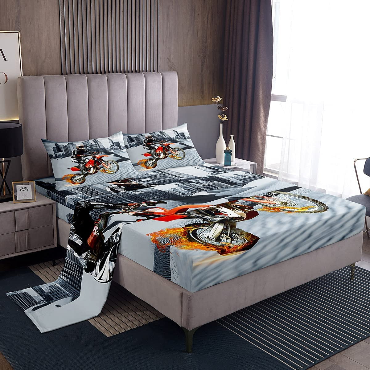 Hhhc Motocross Rider Sheet Set Full Size Kids Boys Extreme Sports Design Bedding Set Teens Cool Modern Motorcycle Bed Sheet Set For Teens Men Gray Cit