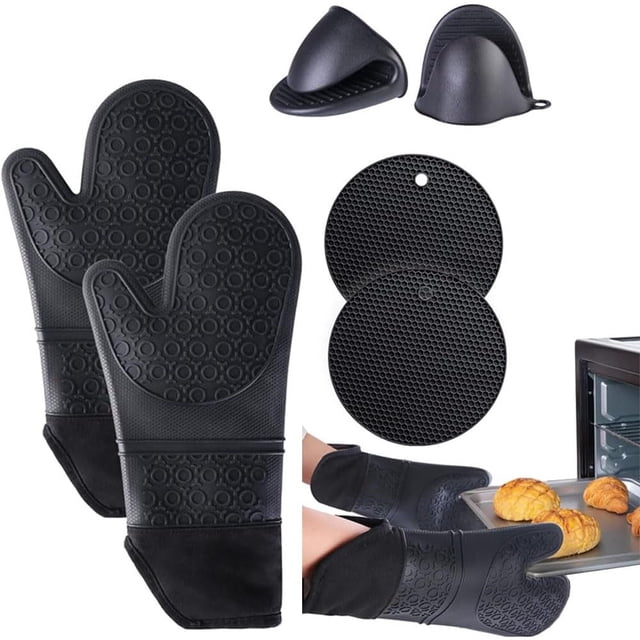 6 Unidades Guantes de Horno de Silicona para Cocina - Guantes de Horno y Almohadillas Calientes, Profesional Manoplas Resistentes al Calor para Horno, para Cocina y Horneado (6 PCS, Negro)