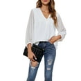 thumbnail image 4 of Liacowi Women Chiffon Blouses Casual 3/4 Sleeve V Neck Jacquard Shirt Loose Lace Patchwork Office Tunic Tops, 4 of 6