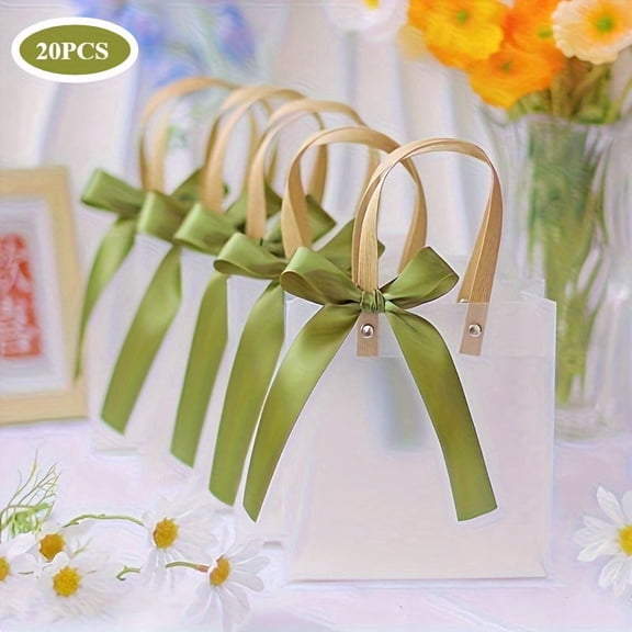 20pcs Clear Gift Bags With Handles, Elegant Translucent Gift Bags With Handle & Green Ribbon, Small Flower Gifts Packaging Bags, Wedding Welcome Bags, Bridesmaid Gift Bags, Clear Bags For Gifts