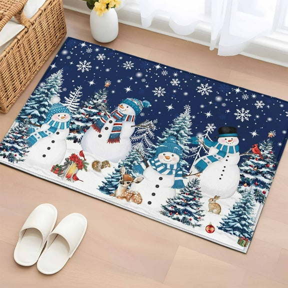 Navy Blue Christmas Bathroom Rug Washable 2x3 Entryway Rug Non Slip Snowman Xmas Tree Snowflake Winter Front Door Mat Low Pile Indoor Doormat Throw Floor Carpet for Kitchen Bedroom Entrance