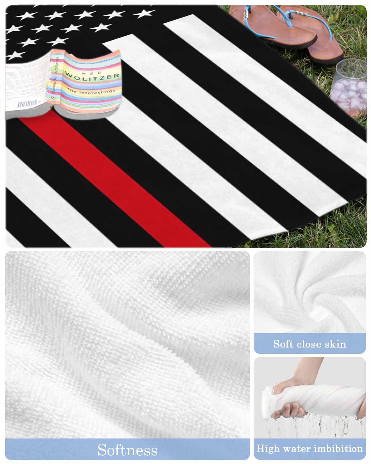 Red American Flag Beach Towels Oversized Super Absorbent, Black White Striped US Flag Stars Lightweight Bath Towel Quick Dry Sets For Bathroom/Pool/Rv Camping/Beach Play/Gym Room/Picnic 23"x47"