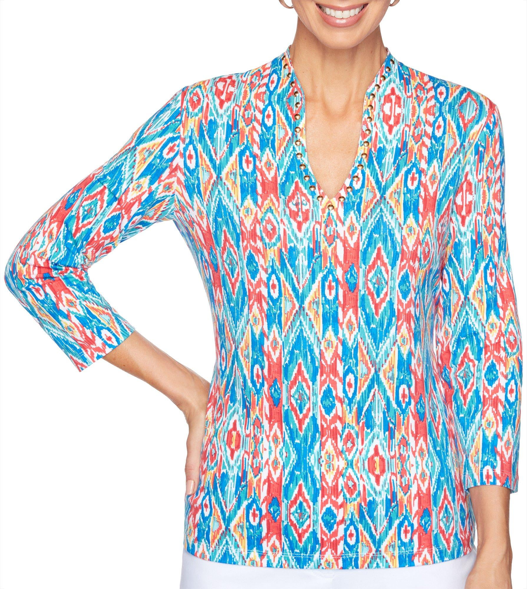 Ruby Rd. Ruby Road Favorites Petite Ikat Print Funnel Neck Top