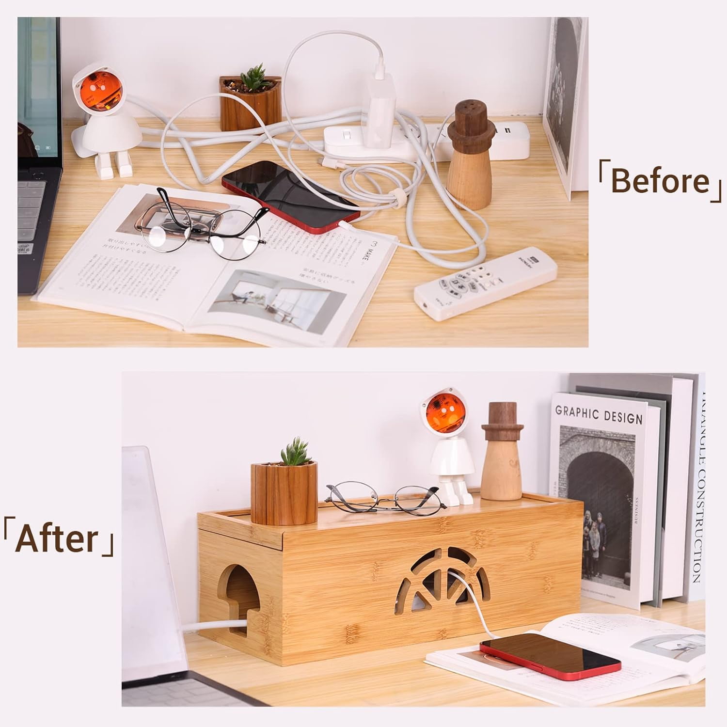 Extra Large Cable Management Box with Lid, Bamboo Cable Box for Cords, Power Strips or Surge Protectors, Hide Loose Wires Behind TVs, Home, Computers, Office Desks by