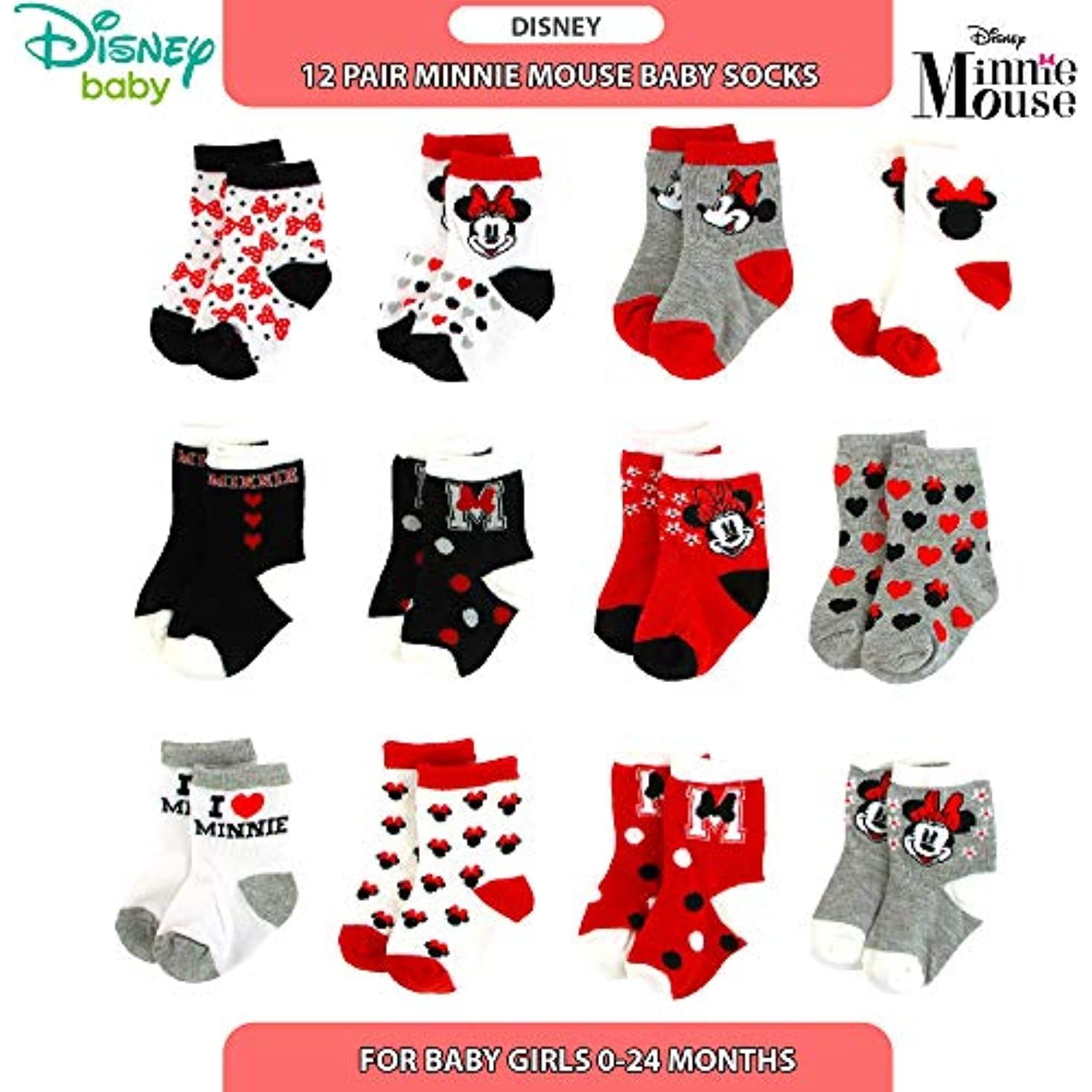 Disney Baby Girls Minnie Mouse Assorted Design 12 Pair Socks Set Age 0-24 Month 
