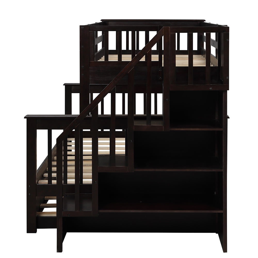 Twin-Over-Full Bunk Beds with Storage and Guard Rail, Bunk Bed for Bedroom, Espresso
