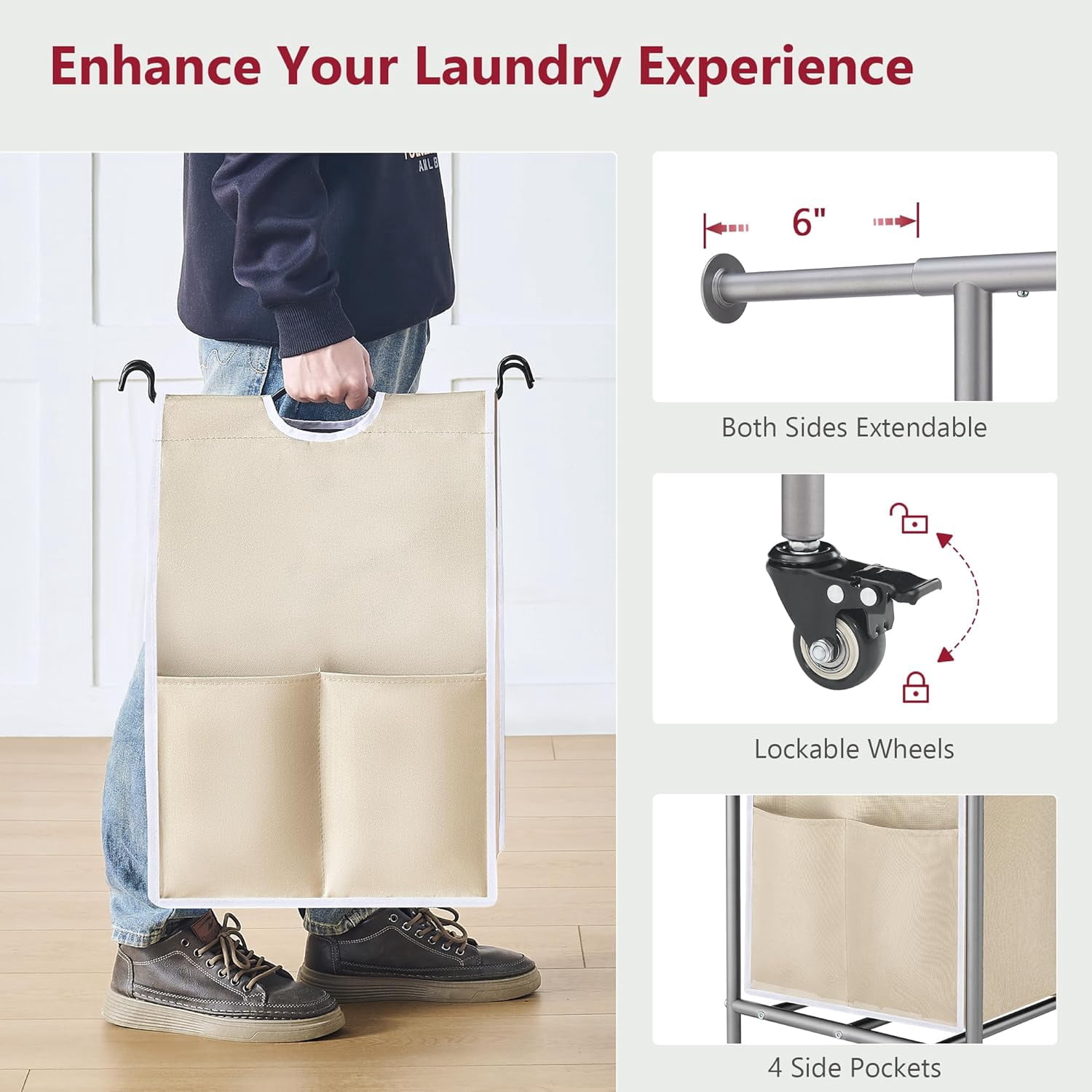 Laundry Sorter with Hanging Rack, 2 Section Rolling Laundry Hamper with Lockable Wheels and Removable Bag
