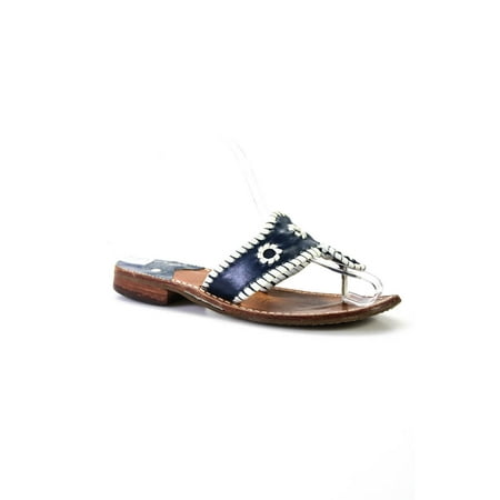 

Pre-owned|Jack Rogers Womens Block Heel T Strap Sandals Navy Blue White Leather Size 6M