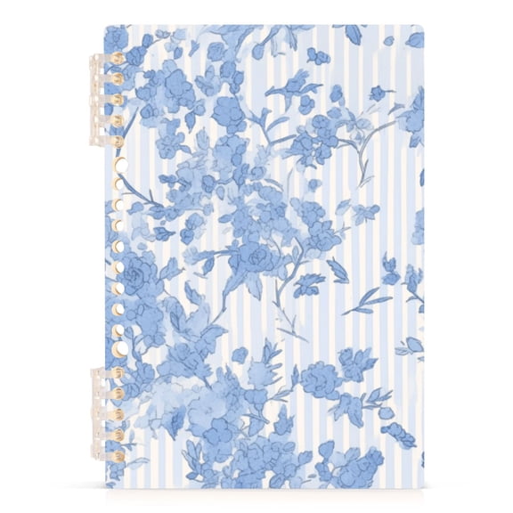 Haosy Blue White Stripes and Blue Flowers Notebooks 1-subject Journal 60 Sheets A5 College Ruled Paper Detachable Ring 8.3"x5.7"