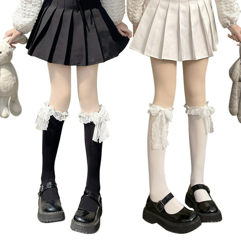 Women School Girls Student Cotton Calf Socks Japanese Style Cute Ruffled  Lace Bowknot Uniform Casual Knee High Stockings