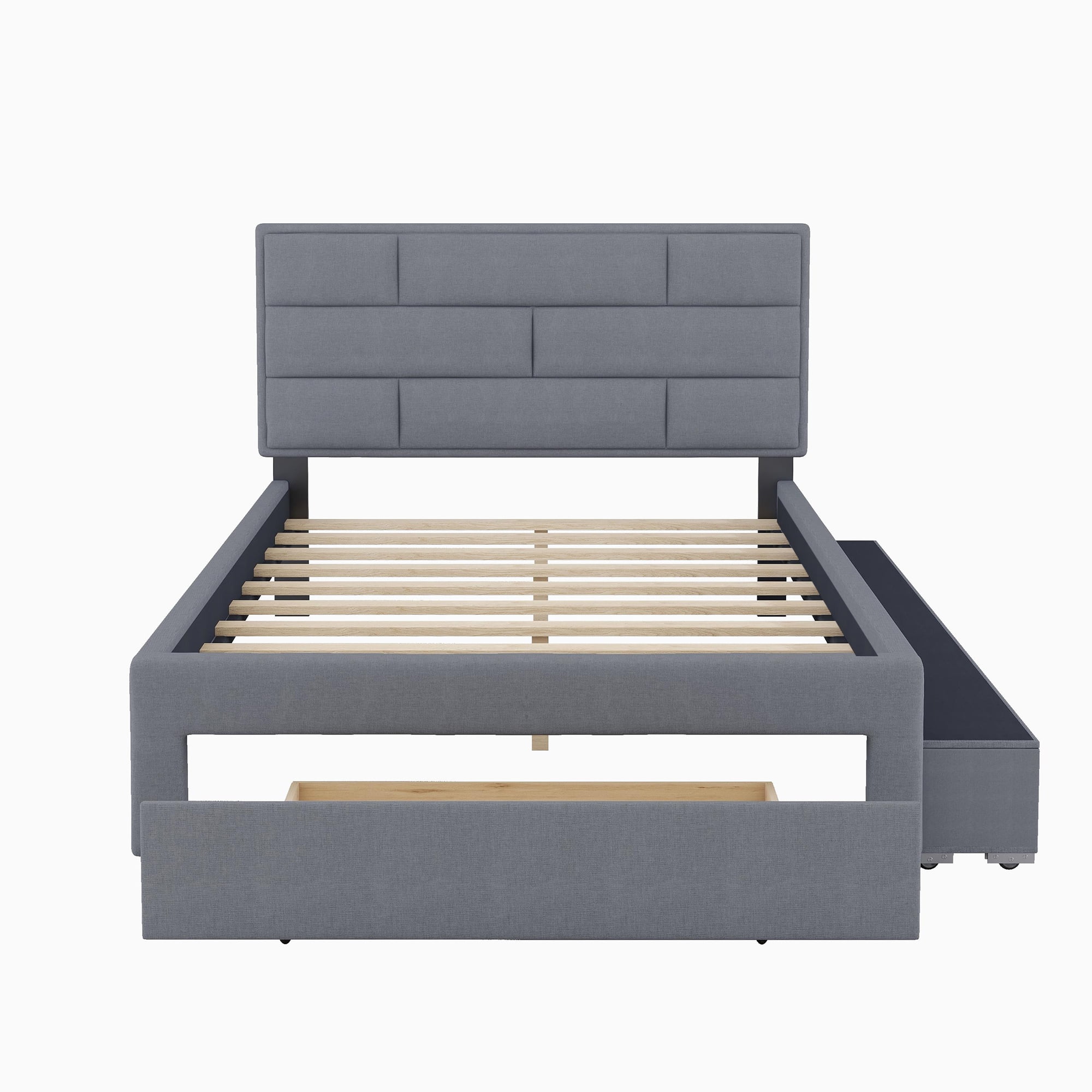 Full Size Linen Upholstered Platform Bed with a Drawer and Shelves for Kids Bedroom, Gray