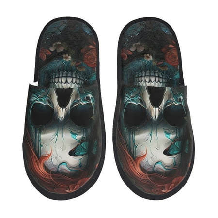 Balery Butterfly Flower Skull Slient Indoor Furry Fleece Comfort House Shoes Soft Non-Slip Home Shoes Cotton slippers House Slippers-- Medium