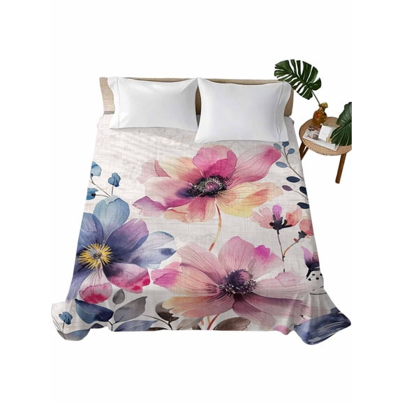 Pink Blue Spring Floral Flat Sheets Only Queen Size, Soft Breathable Bed Top Sheets for Mattress, Vintage Summer Botanical Rustic Luxury Bedding Flat Sheets for Home Hotel Bedroom Bed Protection