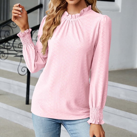 qolati Women's Dressy Casual Long Sleeve Tops 2023 Ruffle Round Neck Basic Fit T-Shirts Classic Loose Embroidery Work Going Out Shirt