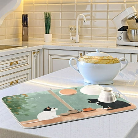

Two Cats Drinking Coffee Dish Drying Mats for Kitchen Counter Absorbent Microfiber Coffee Pad
