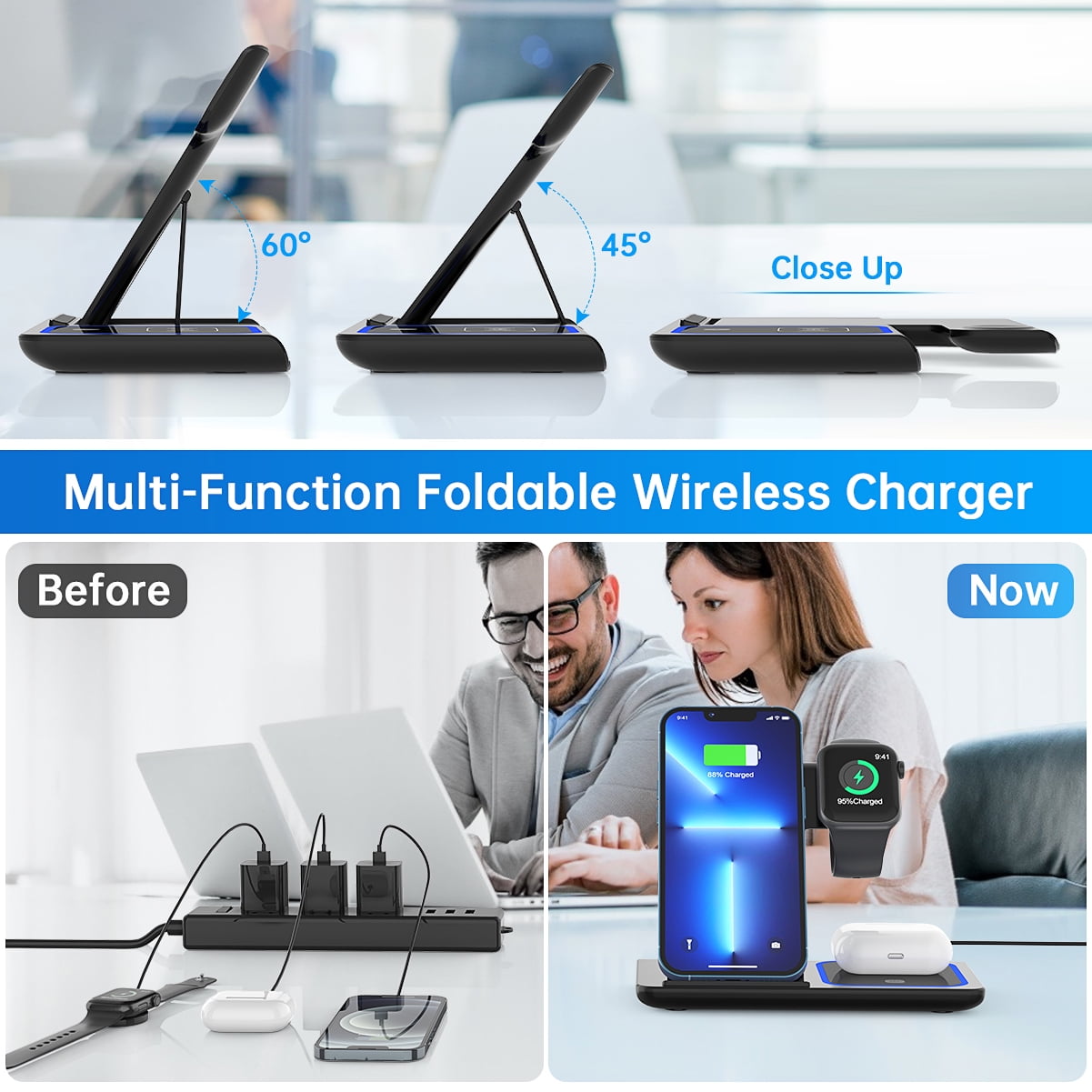 Wireless Charger Stand with 10W QC3.0 Adapter, Foldable Magnetic Charging Station for iPhone 14 13 12, AirPods pro, iWatch Series SE 2,