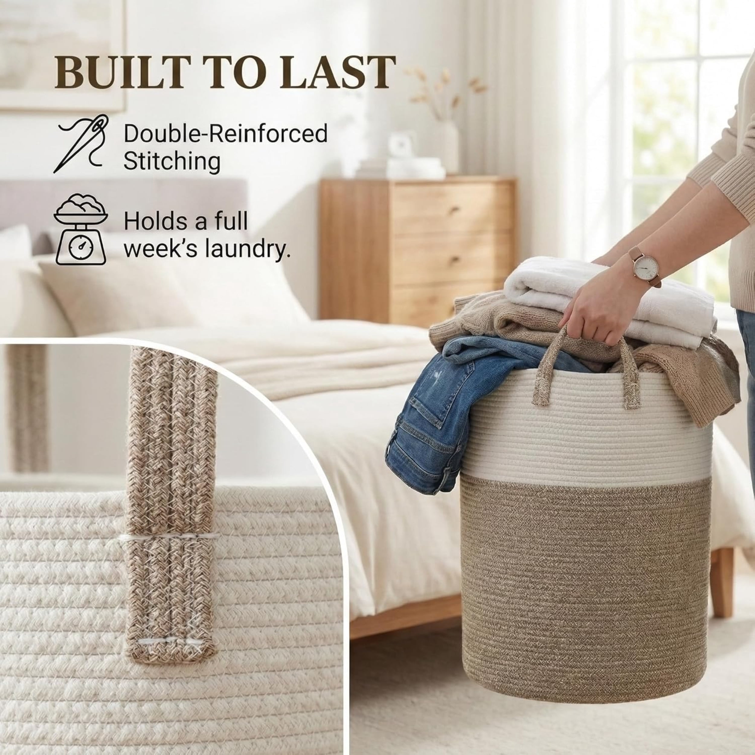 Laundry Basket, Woven Cotton Rope Laundry Hamper, Decor Storage of Dirty Clothes, Toys and Blankets in Bathroom, Baby Room and Living Room