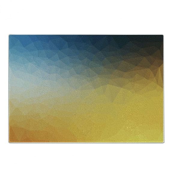 Yellow and Blue Cutting Board, Abstract Polygon Style Fractal Gradient Geometric Background Art, Decorative Tempered Glass Cutting and Serving Board, Small Size, Slate Blue Marigold, by Ambesonne