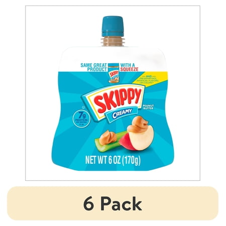 (6 pack) SKIPPY Creamy Peanut Butter Squeeze Pack 7g Protein per Serving Shelf-Stable 6 oz Plastic Pouch