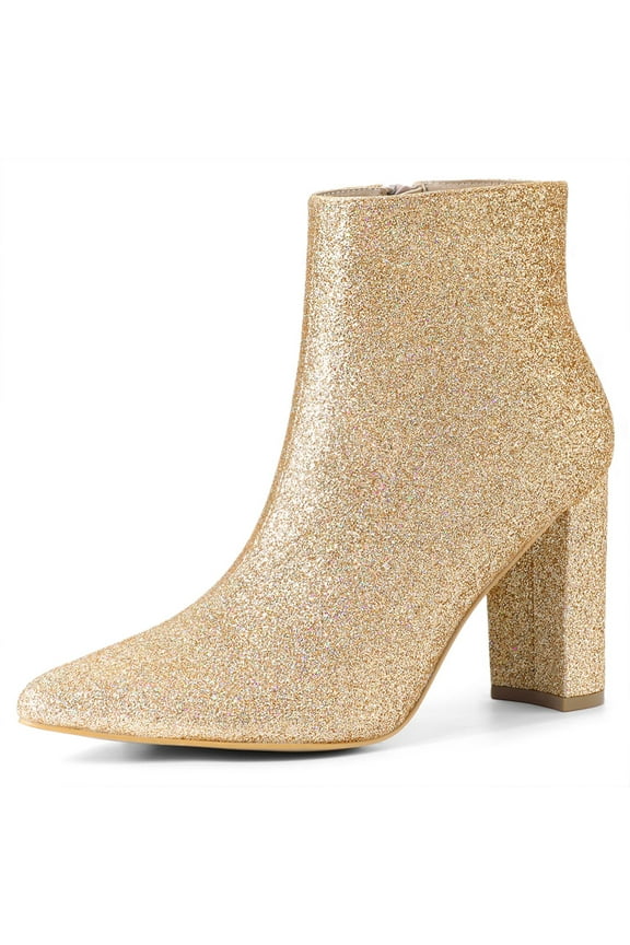 Women's Glitter Pointed Toe Chunky Heel Ankle Boots Gold 7