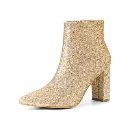 

Unique Bargains Women s Glitter Pointed Toe Chunky Heel Ankle Boots