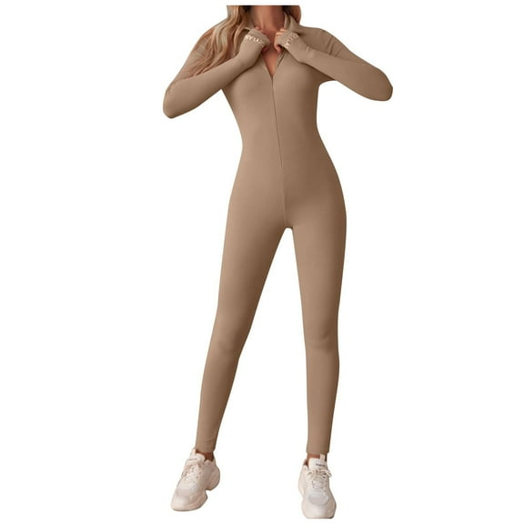 safuny Women's Yoga Jumpsuit Comfy Lounge Casual Solid Color Fashion Full Length Trousers Yoga Jumpsuit For Lady Wife Daughter Girlfriend High Elasticity Splice Gym Khaki S