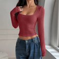 thumbnail image 2 of Vinsonshop Long Sleeve Ribbed Knit Crop Tops Women Square Neck Sweaters Slim Fit Casual Pullover Basic Jumpers Fall Fashion Everyday Wine S, 2 of 9
