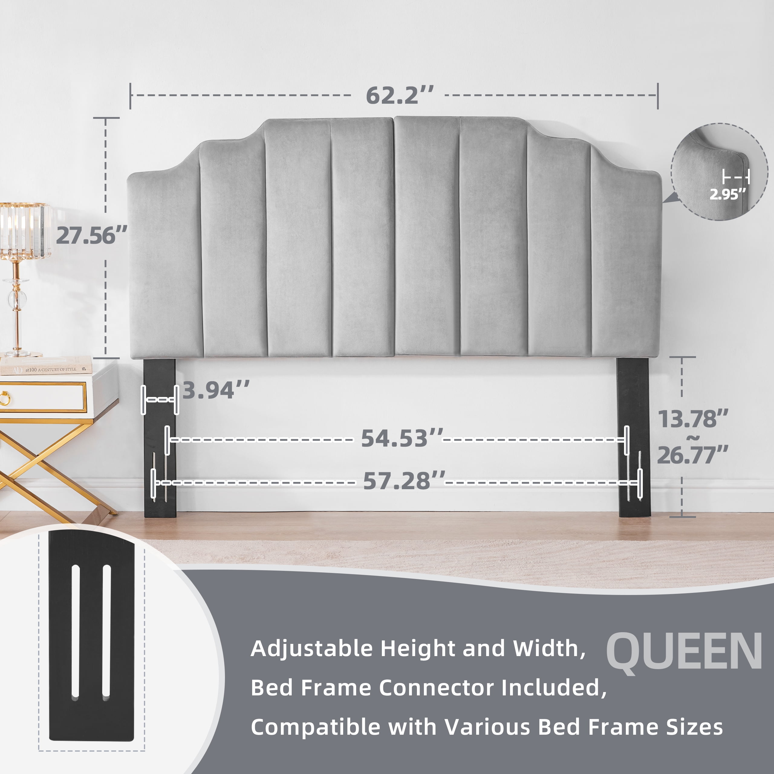 Weture Velvet Upholstered Queen Sleigh Headboard, LightGray