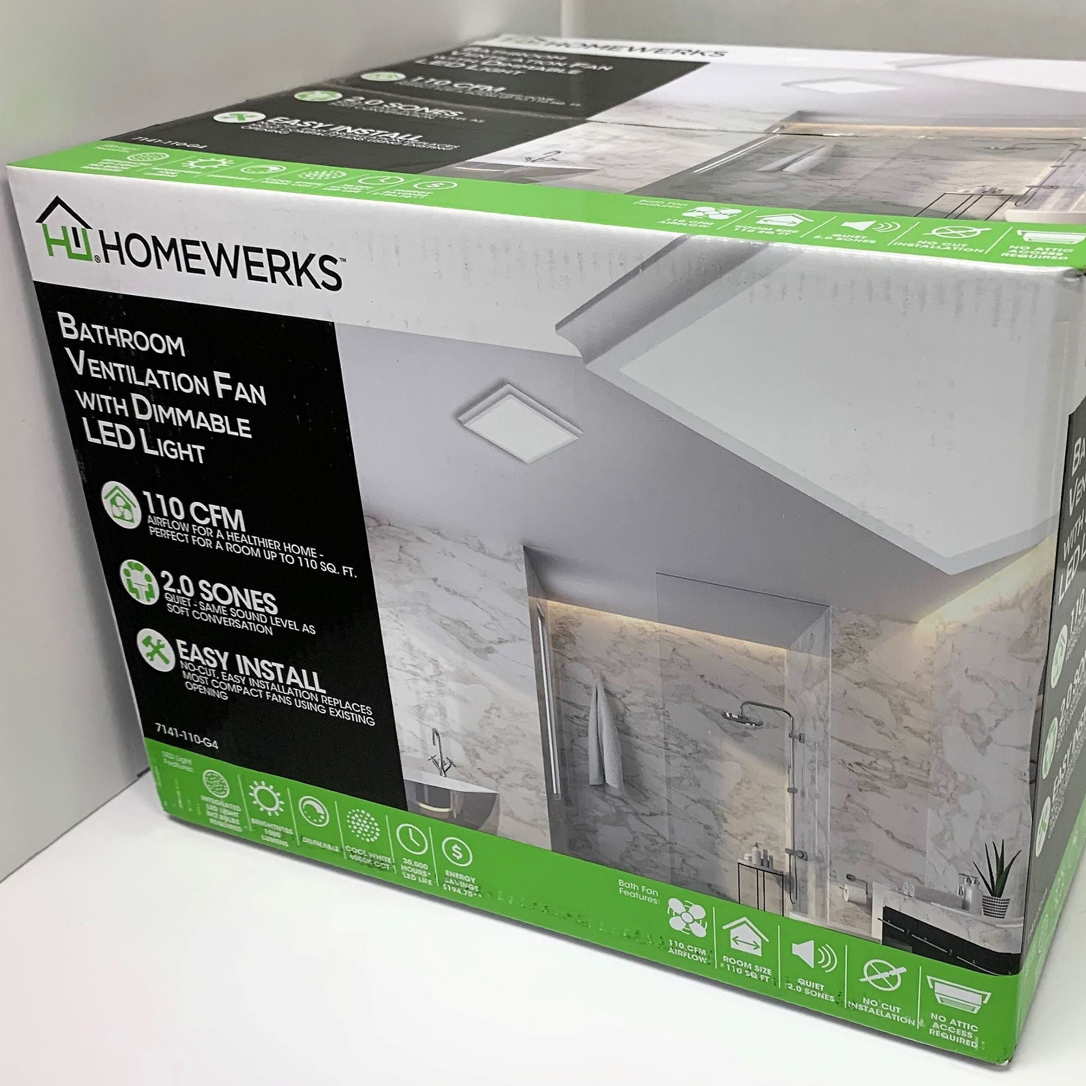 New Homewerks 110 CFM 2 Sones Bathroom Ventilation Exhaust Fan with Dimmable LED Light