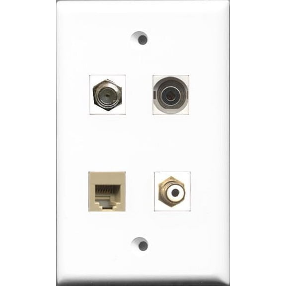 RiteAV 1 Port RCA White and 1 Port Coax Cable TV- F-Type and 1 Port Phone RJ11 RJ12 Beige and 1 Port 3.5mm Wall Plate