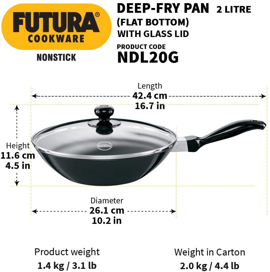 Pigeon Nonstick Indian Kadai Wok for Frying, 2 Quart, Deep Fry Pan for  Indian Cooking, Non Stick Greblon Coating with Stainless Steel Lid, For  Soups