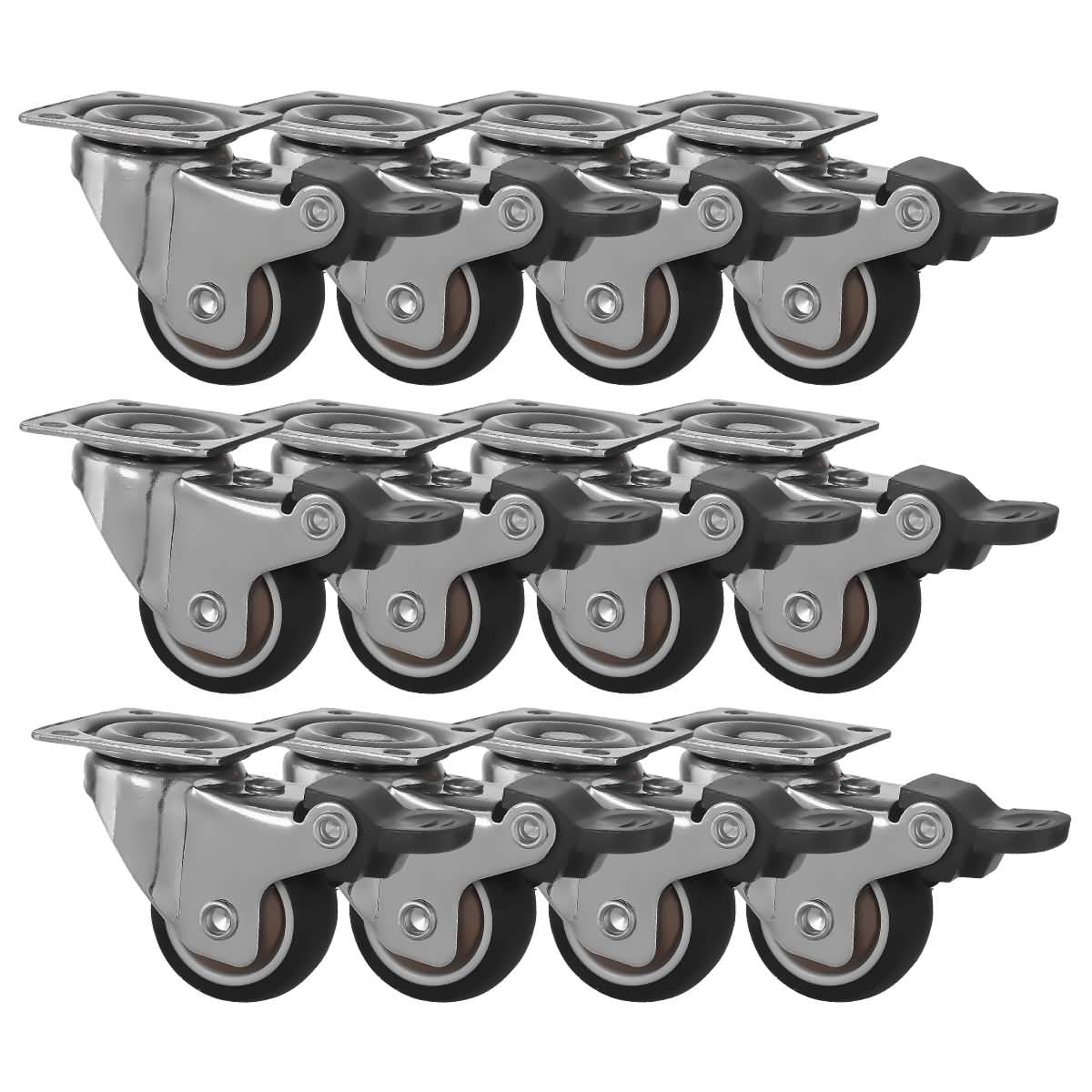 12 Pack 1" Low Profile Swivel Plate With Brake Brown Rubber Caster Wheels 