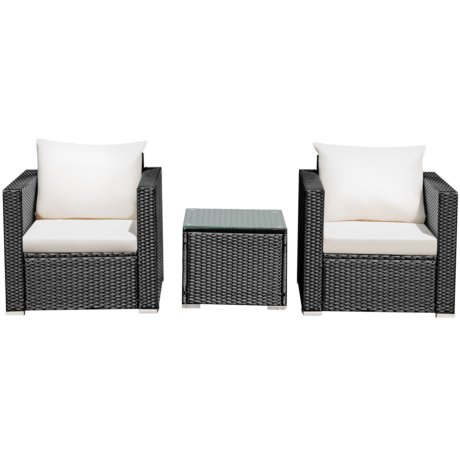 Patiojoy 3PCS Patio Rattan Furniture Conversation Set with 2 Cushioned Sofas & Coffee Table for Outdoor White