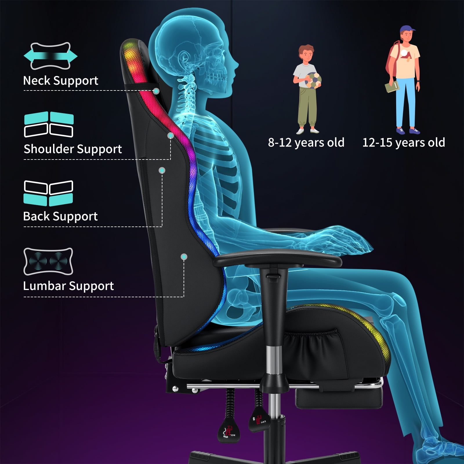 Hoffree LED Gaming Chair for Kids 8-14 Gaming Chairs for Teens with Adjustable Headrest and Lumbar Support Ergonomic PU Leather Kids Gaming Chair with Led Lights